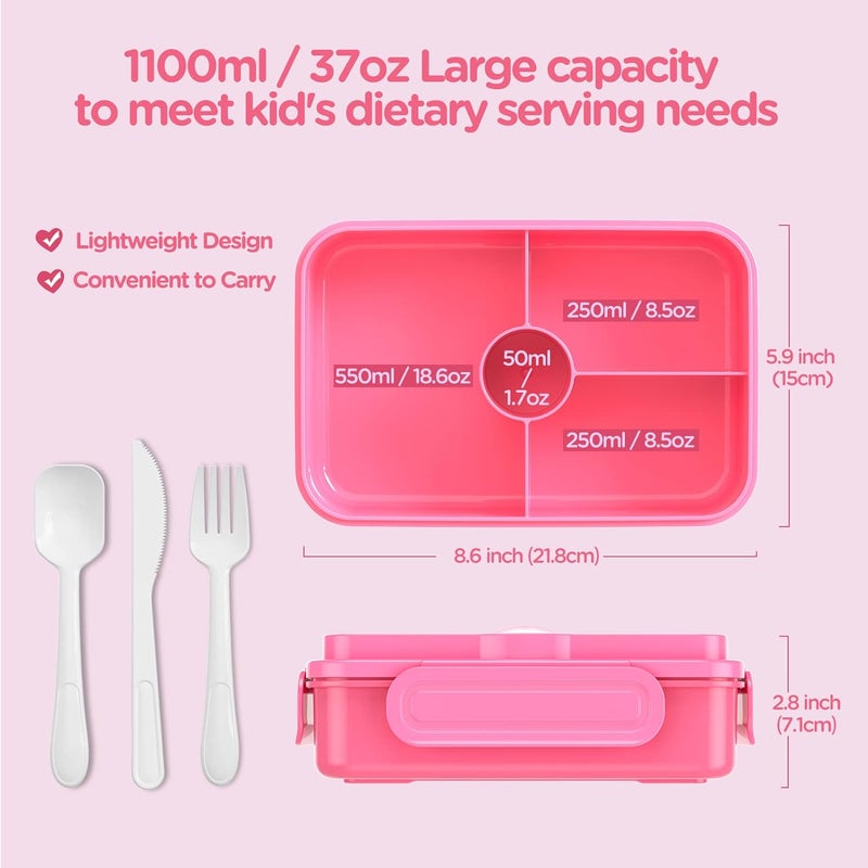 Jelife Kids Lunch Bento Box, Large Bento-Style Leakproof Boxes 4 Compartments Girls Snack Containers with Tableware for Back to School, Reusable On-the-Go Meal and Packing, Pink - Image 4